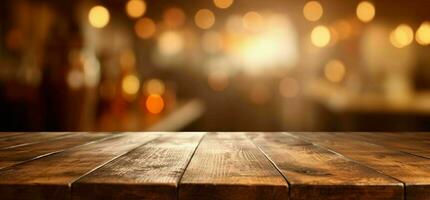 AI generated Empty Wooden Table with Bokeh Cafe Background and Golden Lights. Generative AI photo