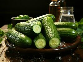 ai generado Fresco Pepino con agua gotas. generativo ai foto