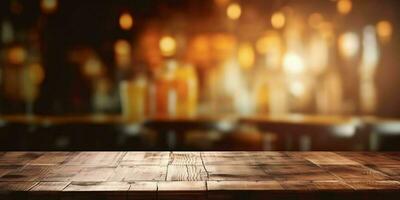 AI generated Empty Wooden Table with Bokeh Cafe Background and Golden Lights. Generative AI photo