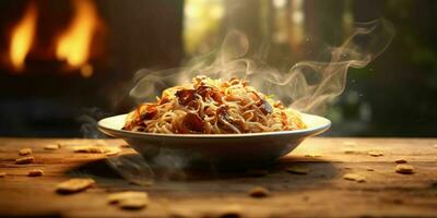 AI generated Delicious Fried Noodle with Smoky Effect on a Wooden Table. Generative AI photo