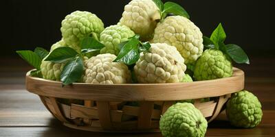 AI generated Fresh Custard Apples in a Basket. Sugar Apple. Healthy Fruit. Generative AI photo