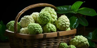 AI generated Fresh Custard Apples in a Basket. Sugar Apple. Healthy Fruit. Generative AI photo