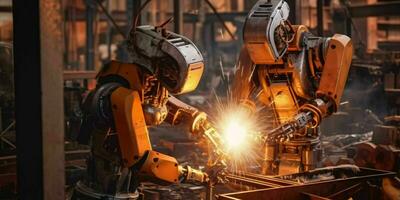 ai generado industrial robots a trabajar. industrial robots haciendo soldadura. generativo ai foto