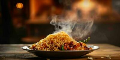 AI generated Delicious Fried Noodle with Smoky Effect on a Wooden Table. Generative AI photo