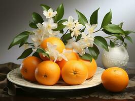 ai generado Fresco naranjas en un plato con hojas. generativo ai foto