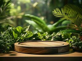 AI generated Wooden Product Display Podium with Nature Background. Natural Product Placement Pedestal Stand. Generative AI photo