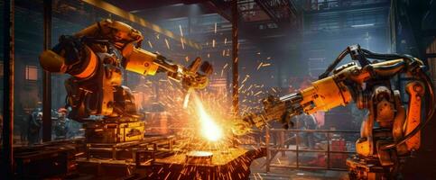 AI generated Industrial Robots at Work. Industrial Robots Doing Welding. Generative AI photo