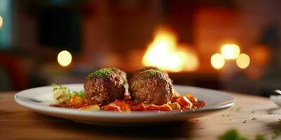 AI generated Delicious Meatballs with Sauce Served on a Plate. Generative AI photo