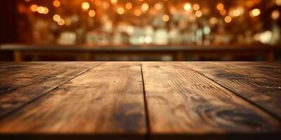 AI generated Empty Wooden Table with Bokeh Cafe Background and Golden Lights. Generative AI photo