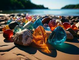 ai generado vistoso mar vaso en el playa. piedra preciosa. generativo ai foto