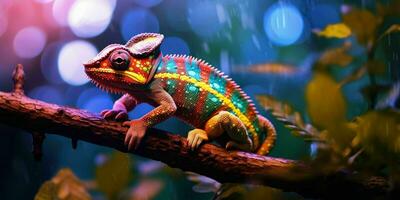 AI generated Colorful Chameleon Perched on a Tree Branch with Vibrant Neon Light Effect. Digital Art. Generative AI photo