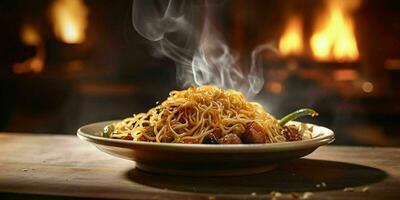 AI generated Delicious Fried Noodle with Smoky Effect on a Wooden Table. Generative AI photo