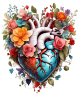 AI generated graphics of a human heart in colorful flowers png