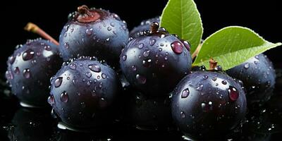 ai generado Fresco acai baya con agua gotas aislado en un negro antecedentes. euterpe oleracea. generativo ai foto