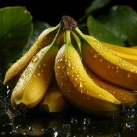 AI generated Fresh Bananas with Water Droplets. Bunch of Banana Isolated on Black Background. Generative AI photo