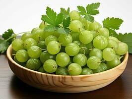 AI generated Fresh Ripe Green Gooseberries in Wooden Basket. Close up of Gooseberry. Generative AI photo