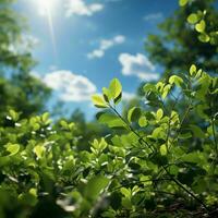 AI generated Fresh Green Leaves with Cloudy Blue Sky View. Generative AI photo