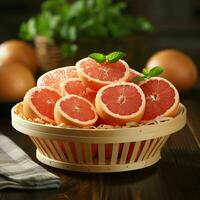 AI generated Sliced Fresh Grapefruits with Water Droplets. Pomelo Fruits. Generative AI photo