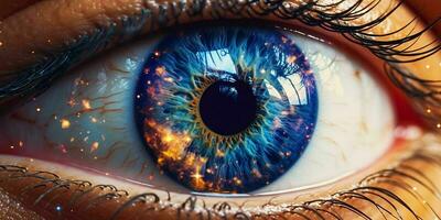 ai generado cerca arriba ver de el ojo con el universo adentro. generativo ai foto