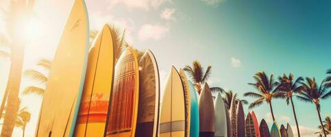 ai generado tabla de surf en el playa con azul cielo vista. generativo ai foto