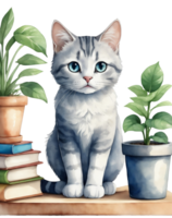 AI generated little  kitten with books and flowers in a pot in retro style png