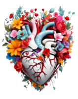 AI generated graphics of a human heart in colorful flowers png