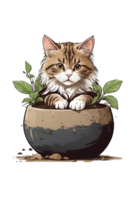 ai genererad söt katt i en pott bland grön växter png