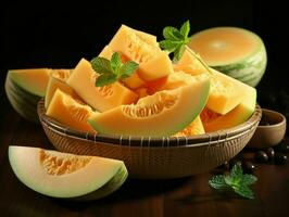 AI generated Fresh Cantaloupe Melon Slices. Generative AI photo