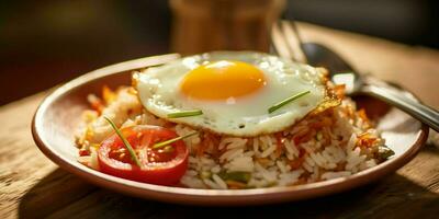 ai generado delicioso frito arroz con un soleado lado arriba huevo, servido en un blanco plato con un de madera mesa antecedentes. generativo ai foto