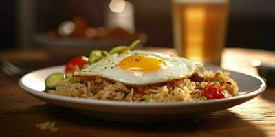 AI generated Delicious fried rice with a sunny side up egg, served on a white plate with a wooden table background. Generative AI photo