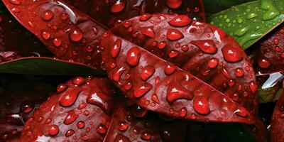 ai generado Fresco rojo hojas con agua gotas. cerca arriba de hoja con gotas de lluvia. generativo ai foto