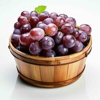 AI generated Fresh and Wet Grape Bunches in Wooden Basket. Generative AI photo