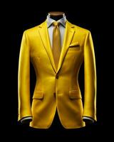 ai generado elegante amarillo de los hombres traje aislado en negro antecedentes. generativo ai foto