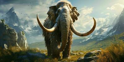 AI generated A Woolly Mammoth with Vast Pastures and Mountains Background. Generative AI photo