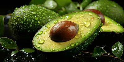 ai generado Fresco aguacate con agua gotas en negro antecedentes. generativo ai foto