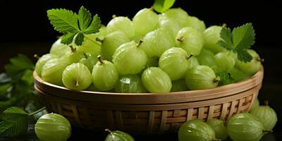 AI generated Fresh Ripe Green Gooseberries in Wooden Basket. Close up of Gooseberry. Generative AI photo
