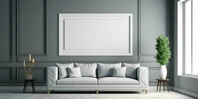 AI generated Modern and Minimalist Living Room Interior Design with Blank White Picture Frame Mockup. Generative AI photo