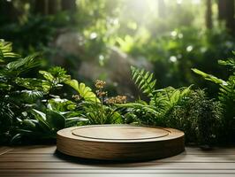 AI generated Wooden Product Display Podium with Nature Background. Natural Product Placement Pedestal Stand. Generative AI photo