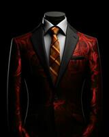 AI generated Luxury and  Elegant Red Men's Suit with Abstract Motif Isolated on Black Background. Generative AI photo
