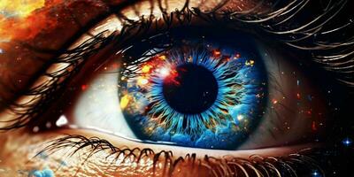 ai generado cerca arriba ver de el ojo con el universo adentro. generativo ai foto