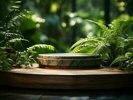 AI generated Wooden Product Display Podium with Nature Background. Natural Product Placement Pedestal Stand. Generative AI photo