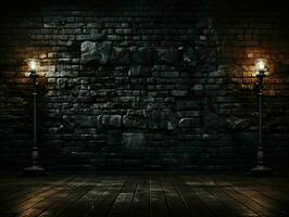 AI generated Black Brick Wall Texture Background. Room with Dark Brick Wall. Generative AI photo