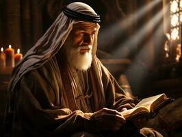 ai generado un mayor musulmán hombre lee el Alabama Corán por luz de una vela. generativo ai foto