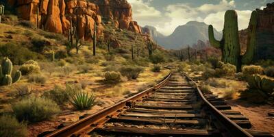 AI generated Rusty Railroad Track on Western Desert. Abandoned Train Track. Generative AI photo