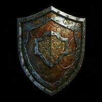 AI generated Rusty Medieval Shield with War Torn Effect Isolated on Black Background. Generative AI photo