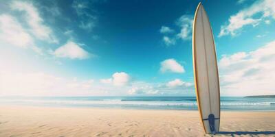 ai generado tabla de surf en el playa con azul cielo vista. generativo ai foto