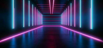 AI generated Modern Dark Room with Glowing Neon Lines with Retro 80s Style. Futuristic Interior with Laser Effect. Generative AI photo