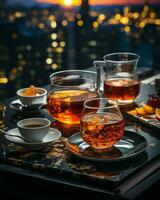 AI generated Tea Cups on a Glass Table with a Blurry City Background. Generative AI photo