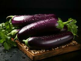 AI generated Fresh Eggplant with Water Droplets. Group of Aubergine. Generative AI photo