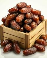 AI generated Dried Dates in a Wooden Basket. Close-up of Date Fruit. Generative AI photo